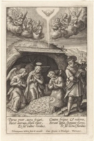Aanbidding van het Christuskind door Maria en twee engelen