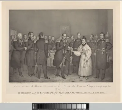 Aanbieden van de immortellenkrans door jonkvrouw Hortense de Boer aan de prins van Oranje