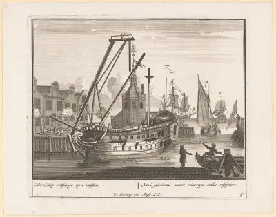 Aanbrengen van de masten op het schip