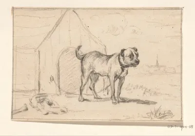 Aangelijnde hond, staande voor zijn hok