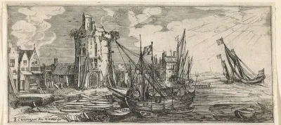 Aangemeerde schepen in de haven, nabij een ronde toren