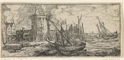 Aangemeerde schepen in de haven, nabij een ronde toren