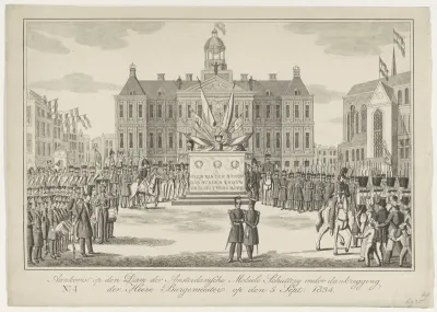 Aankomst op den Dam der Amsterdamsche Mobiele Schutterij onder dankzegging der Heere Burgemeester op den 5 Sept: 1834