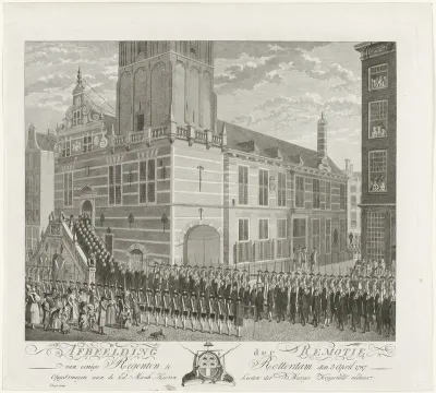Aankomst van de delegatie op het stadhuis van Rotterdam om de afzetting van enige raadsleden te eisen, 1787