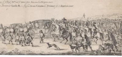 Aankomst van koning Karel II van Engeland en koningin Catharina van Braganza bij het paleis Hampton court