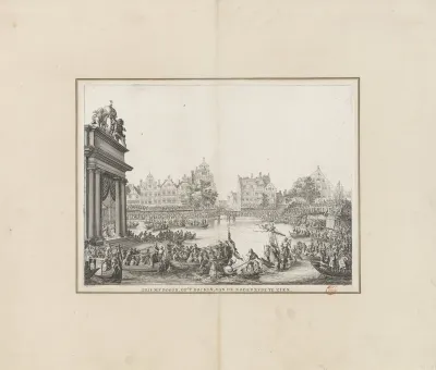 Aankomst van Maria de' Medici bij het drijvende theater op het Rokin, 1638