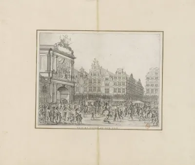 Aankomst van stoet met Maria de' Medici bij de triomfpoort bij de Vijgendam, 1638