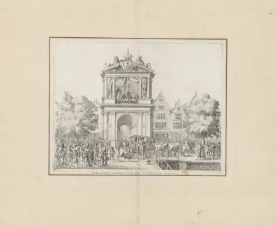 Aankomst van stoet met Maria de' Medici bij de triomfpoort op de Varkenssluis, 1638