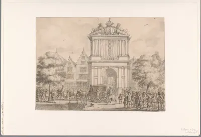 Aankomst van stoet met Maria de' Medici bij de triomfpoort op de Varkenssluis, 1638