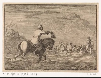 Aankomst van Willem III bij de Oranjepolder in een roeischuit, 1691