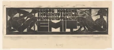 Aankondiging of titelhoofd voor de Eerste Moderne Internationale Tentoonstelling (EMIT) te Scheveningen