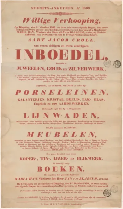 Aankondiging van een inboedelveiling te Ankeveen, 1839