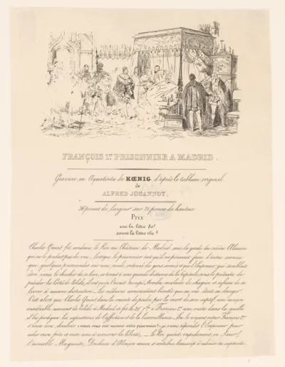 Aankondiging van prent met Frans I van Frankrijk als gevangene in Madrid