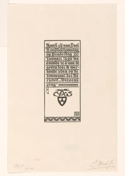Aankondiging voor een avond kunstbeschouwing op 20 januari 1898 op de sociëteit 'Vereeniging'