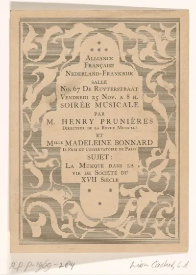 Aankondiging voor muziekavond van de Alliance Française