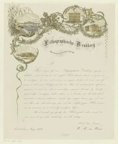 Aankondigingsblad met randvignetten voor de lithografische drukkerij van W.B. van Wouw