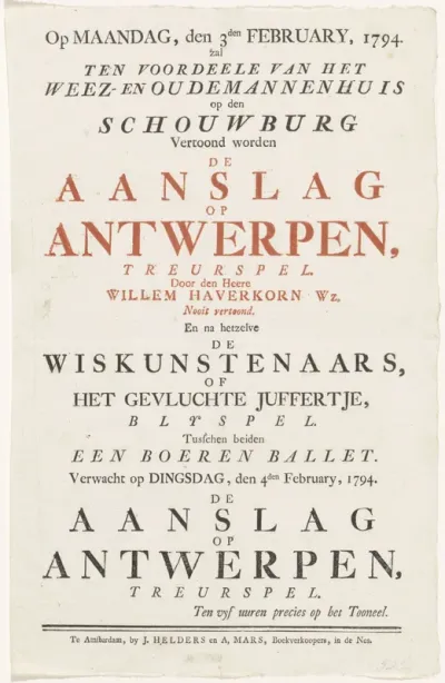 Aanplakbiljet met de aankondiging van de opvoering van het stuk 'De Aanslag op Antwerpen', 1794