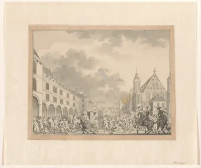 Aanslag op de Gedeputeerden van Dordrecht als zij door de Stadhouderspoort het Binnenhof op rijden, 1786