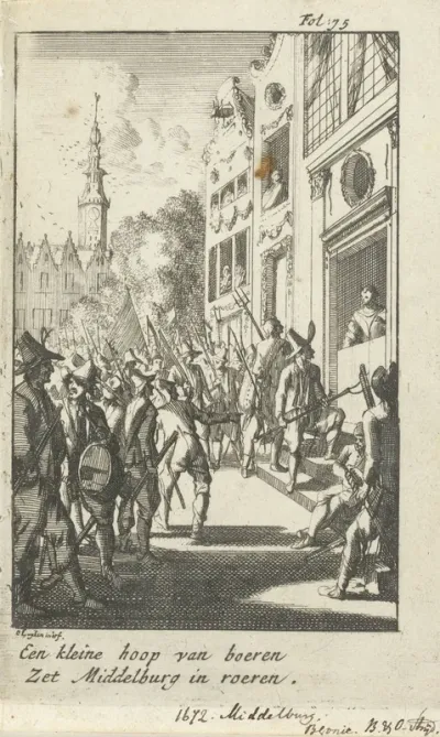 Aanval op het huis van burgemeester Van den Brande door opstandige boeren, 1672
