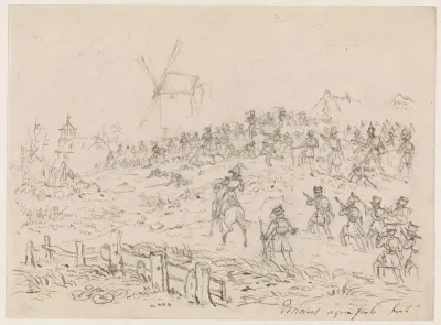 Aanval van cavalerie tegen infanterie, bij een dorp