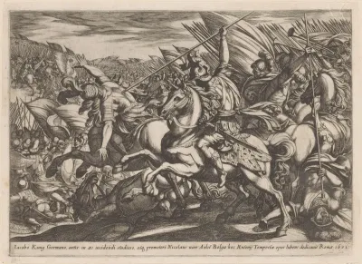 Aanval van de cavalerie met twee door speren doorboorde mannen