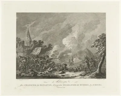 Aanval van de Franse en Bataafse infanterie op de Russen en Engelsen bij Schoorl in september 1799