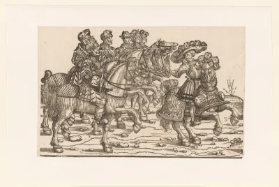 Aanvoerder en zes mannen met kruisbogen te paard
