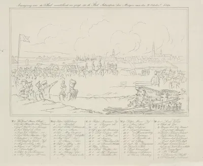 Aanwijzing voor de Plaat voorstellende een gezigt op de Stad Antwerpen den Morgen van den 28 October 1830