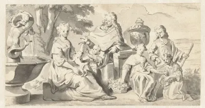 Aanzienlijke familie in een tuin bij een fontein