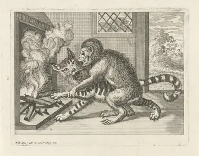 Aap dwingt een kat de kastanjes uit het vuur te halen