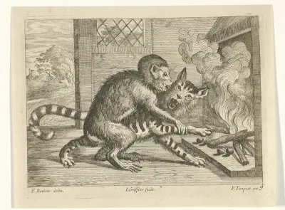 Aap en kat bij een haard