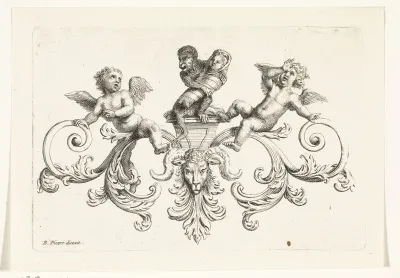 Aap met een ingebakerd kindje geflankeerd door putti