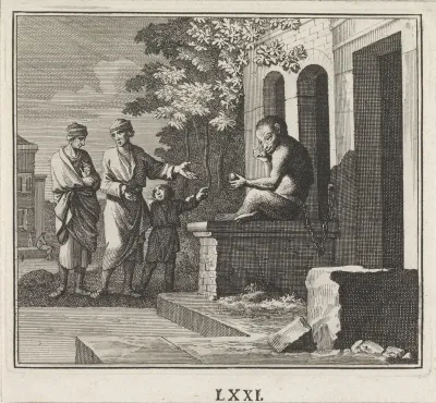 Aap vastgeketend op de stoep van een gebouw