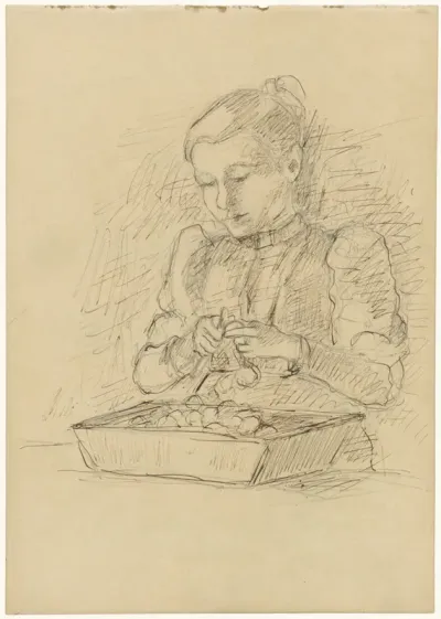 Aardappelen schillende vrouw