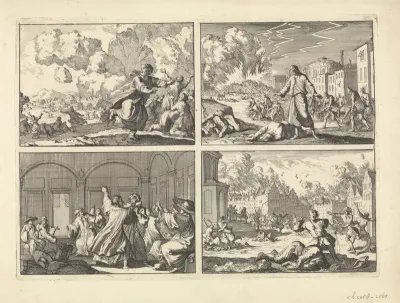 Aardbeving in Perzië, 1641 / Pest te Napels, 1656 / Conclaaf voor de verkiezing van paus Innocentius X, 1644 / Plein te Münster tijdens de belegering door bisschop Christoph Bernhard von Galen, 1657