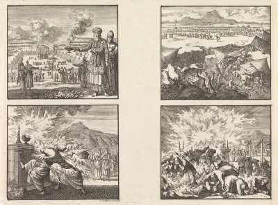 Aäron als hogepriester / Nadab en Abihu bij het altaar gedood / Datan en Abiram met hun gezinnen door de aarde verzwolgen / Vernietiging van de stam van Korach
