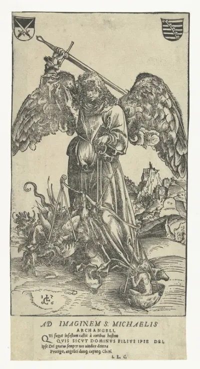 Aartsengel Michaël doodt Satan en weegt een ziel