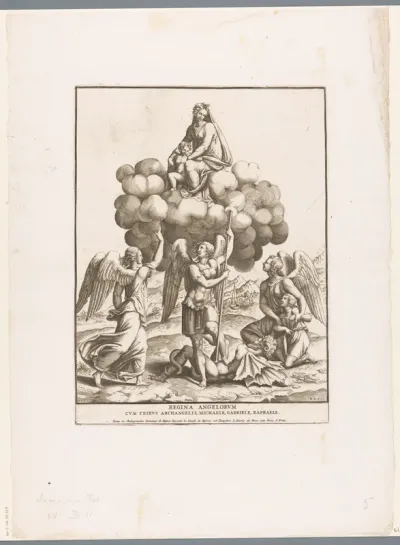 Aartsengelen Michaël, Gabriël en Rafaël aanbidden Maria met Kind