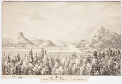 Aavasaksa Hill and Ylitornio Church, original drawing for Finland Depicted in Drawings