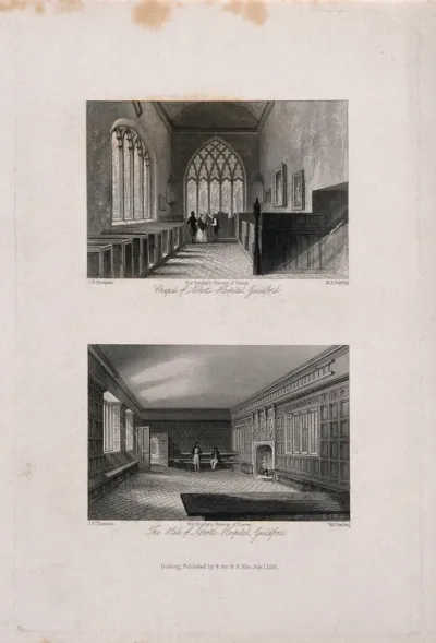 Abbott's Hospital, Guildford, Surrey: the chapel (above) and the hall (below)
