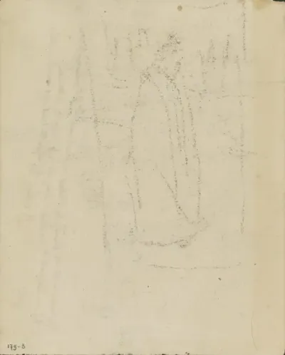 Abklatsch van een tekening van een figuur in een mantel