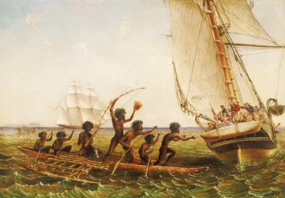 Aboriginal Canoes Communicating with the 'Monarch' and the 'Tom Tough', 28 August 1855