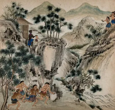 Aboriginal peoples go hunting in a rocky ravine in Formosa