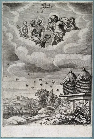 Above, a bee presents a honeycomb to the Olympian gods in the clouds; below, bees are flying into and out of two wicker beehives; illustration of a fable
