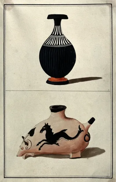 Above, a black Greek vase (perfume bottle?); below, vessel in the form of an animal