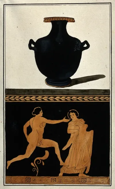 Above, a black Greek water-jug (hydria); below, detail of decoration showing a naked man running towards a woman