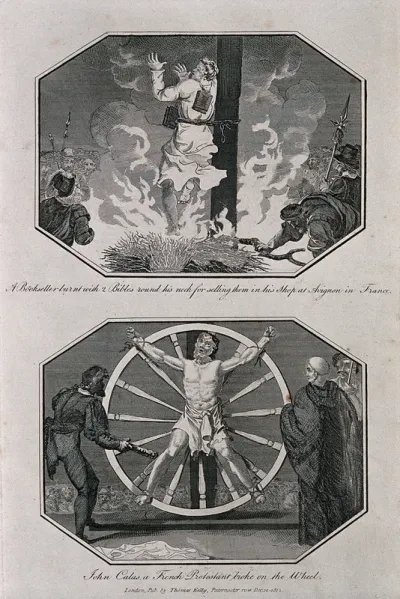 Above, a bookseller is chained to the stake and burnt with books bound around his neck; below, the martyr John Calas, a French Protestant, is tortured on the wheel