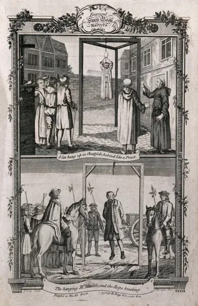 Above, a cat in a priest's habit is hung on the gallows with priests laughing at the sight; below, a blindfolded man is hung and the rope breaks to release him to the ground