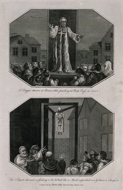 Above, a dagger is thrown in the direction of a priest on a platform; below, monks pointing at and showing signs of distress at the sight of a cat hanged in a priest's habit