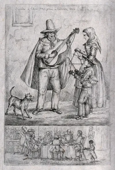 Above, a family of street musicians playing the guitar, the triangle and the fiddle; below, five men in military uniforms at table, with a servant bringing in a roast pig